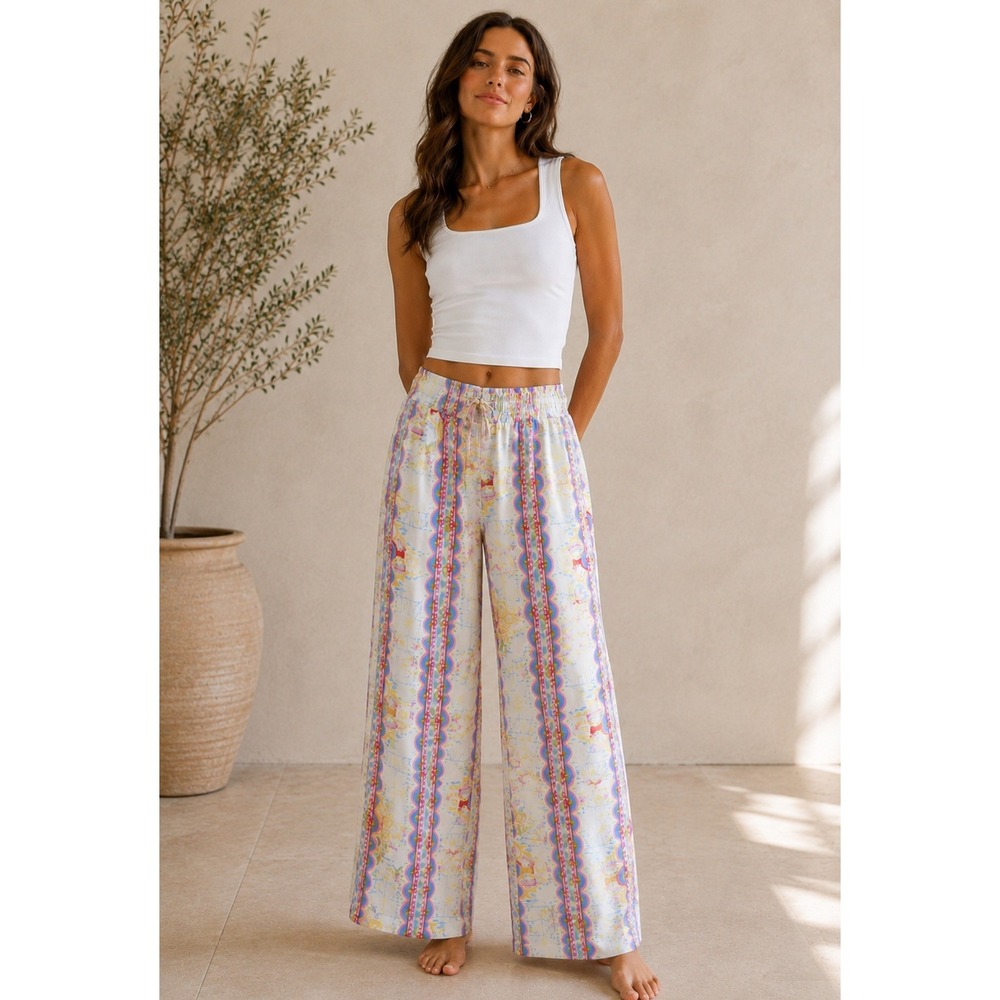 Anthropologie Label of Love Wide Leg Pants Multi Color Coastal Scenic Print M